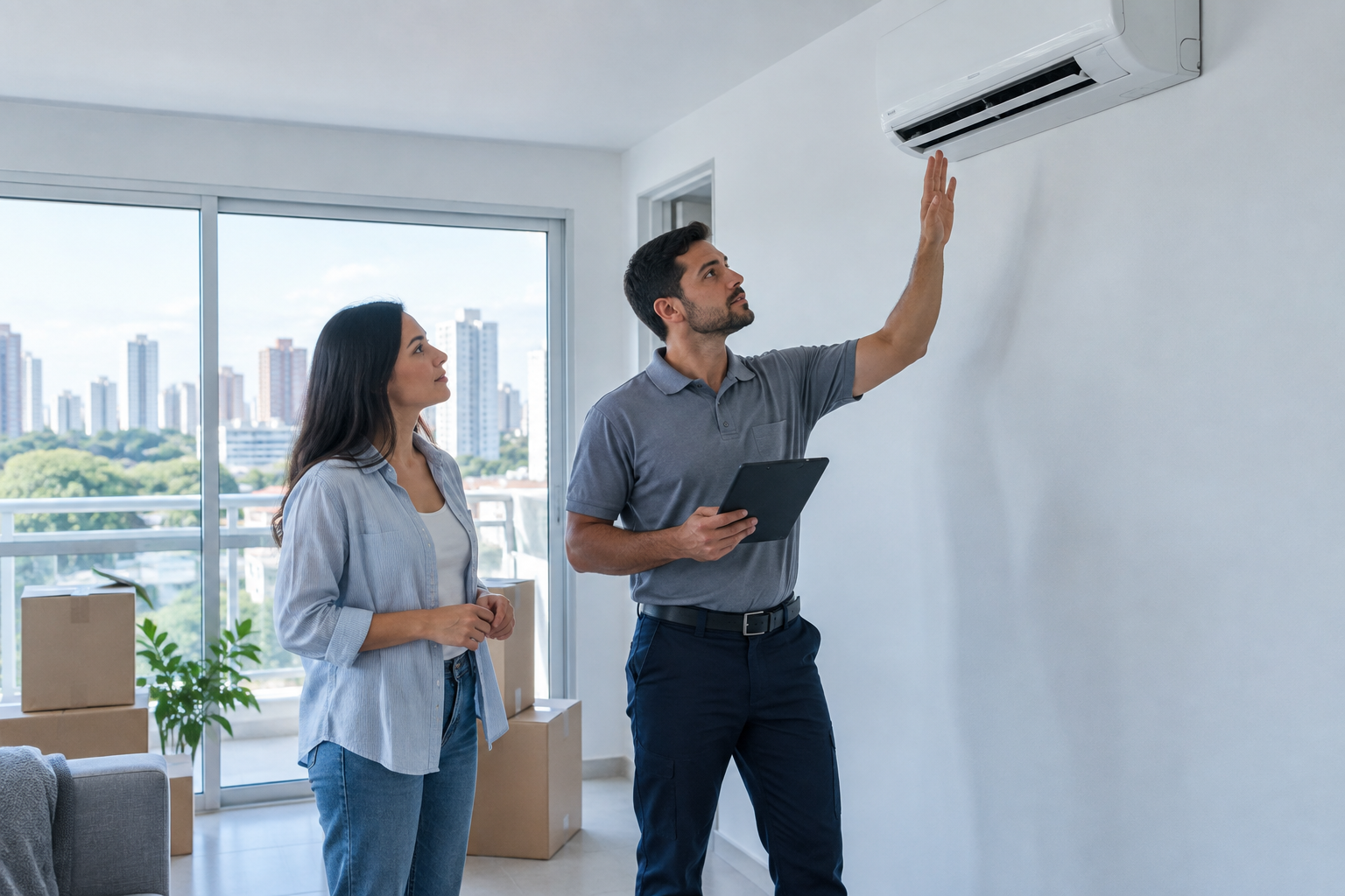 Técnico e morador verificam ar-condicionado em apartamento alugado.