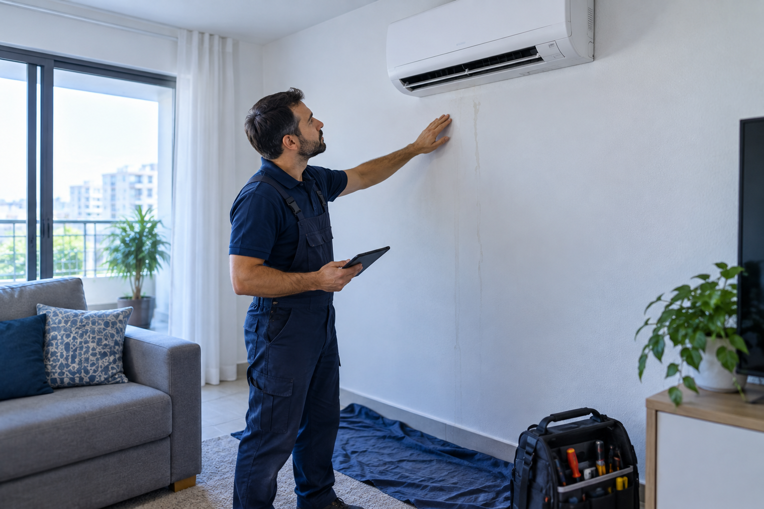 Técnico avalia marca de vazamento abaixo de um ar-condicionado Split em uma sala.