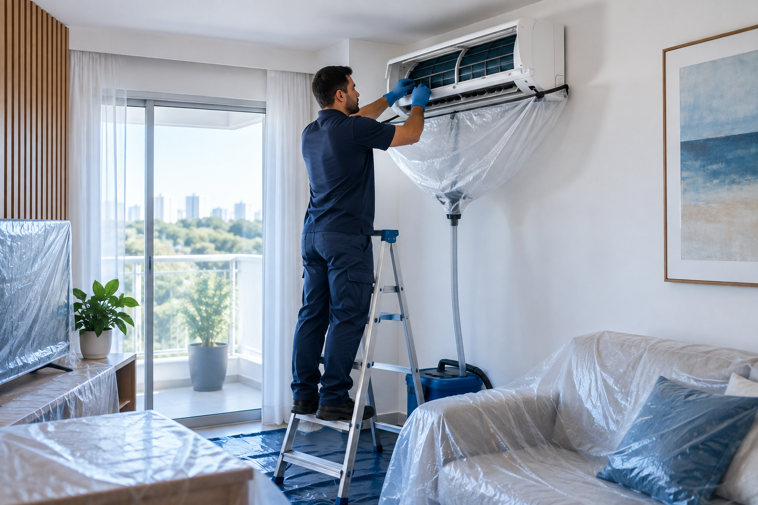 Técnico preparando um ar-condicionado Split para higienização em sala com móveis protegidos.