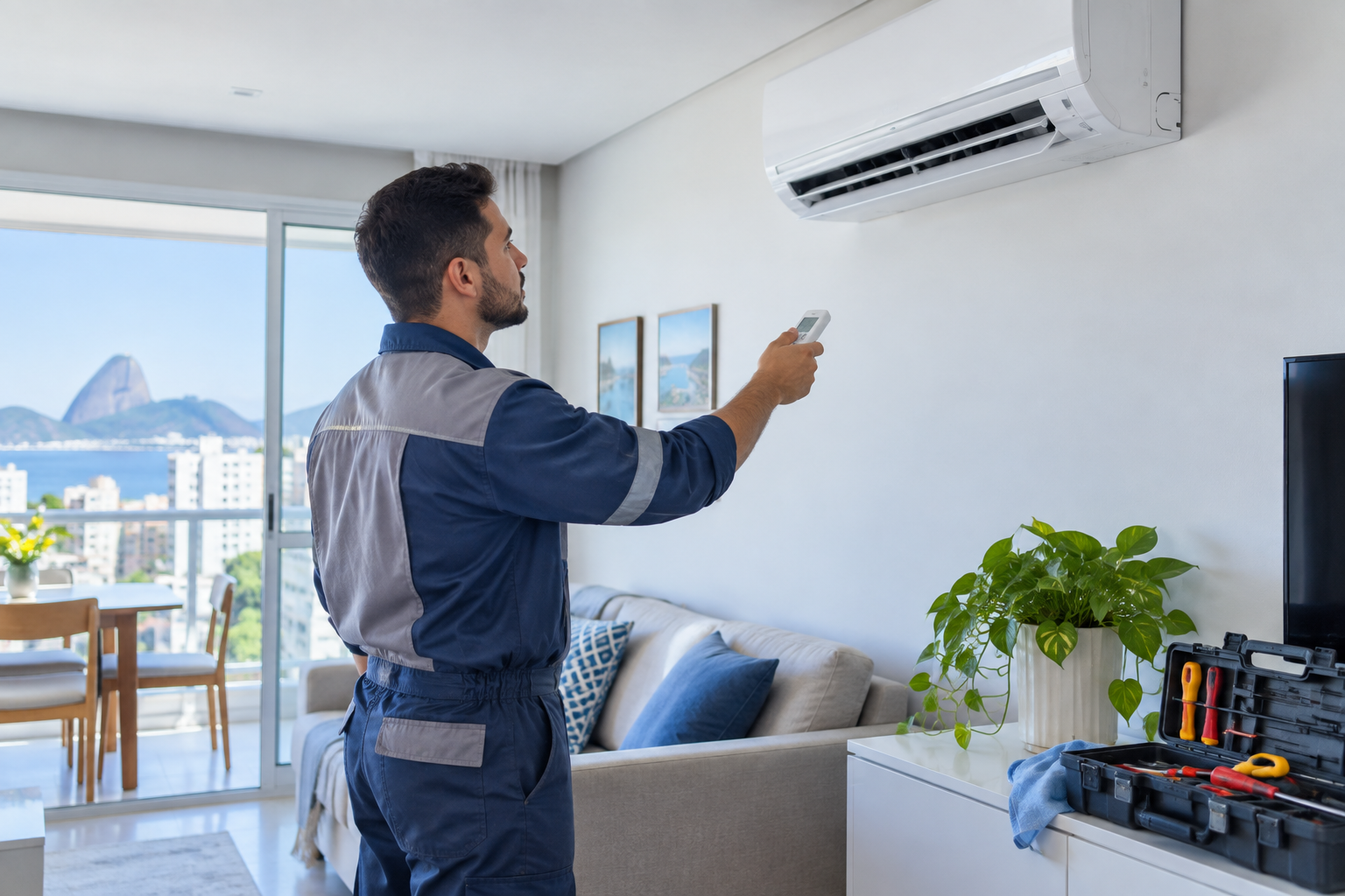 Técnico inspeciona ar-condicionado Split com controle remoto em uma sala residencial.