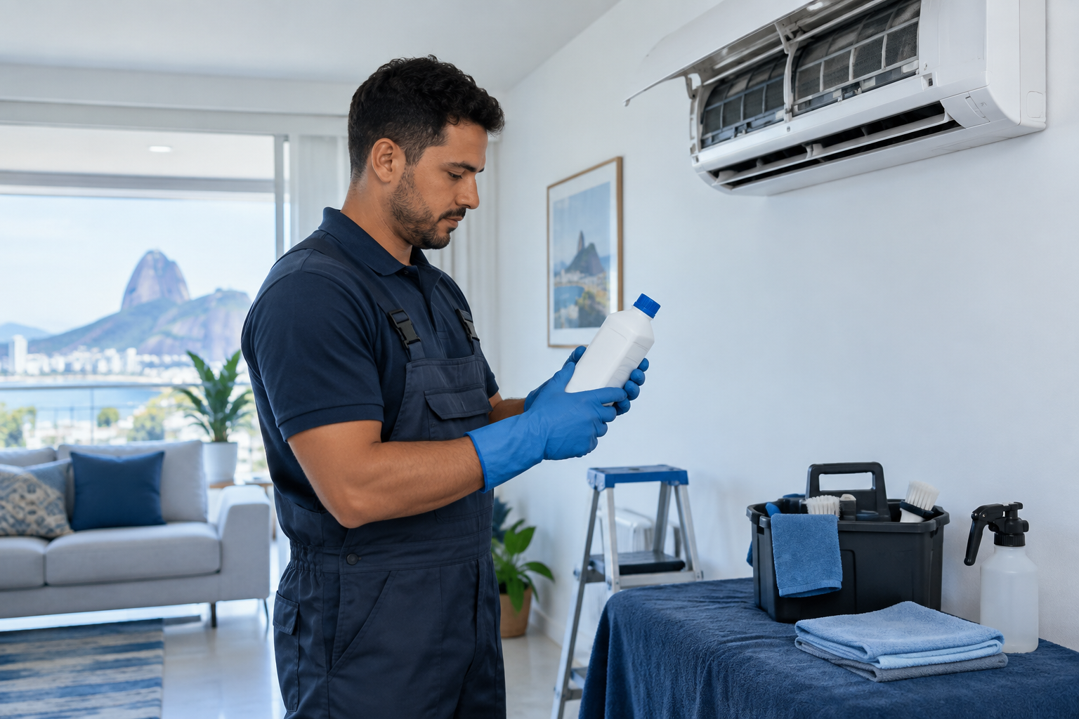 Técnico verifica produto de limpeza ao lado de um ar-condicionado Split.