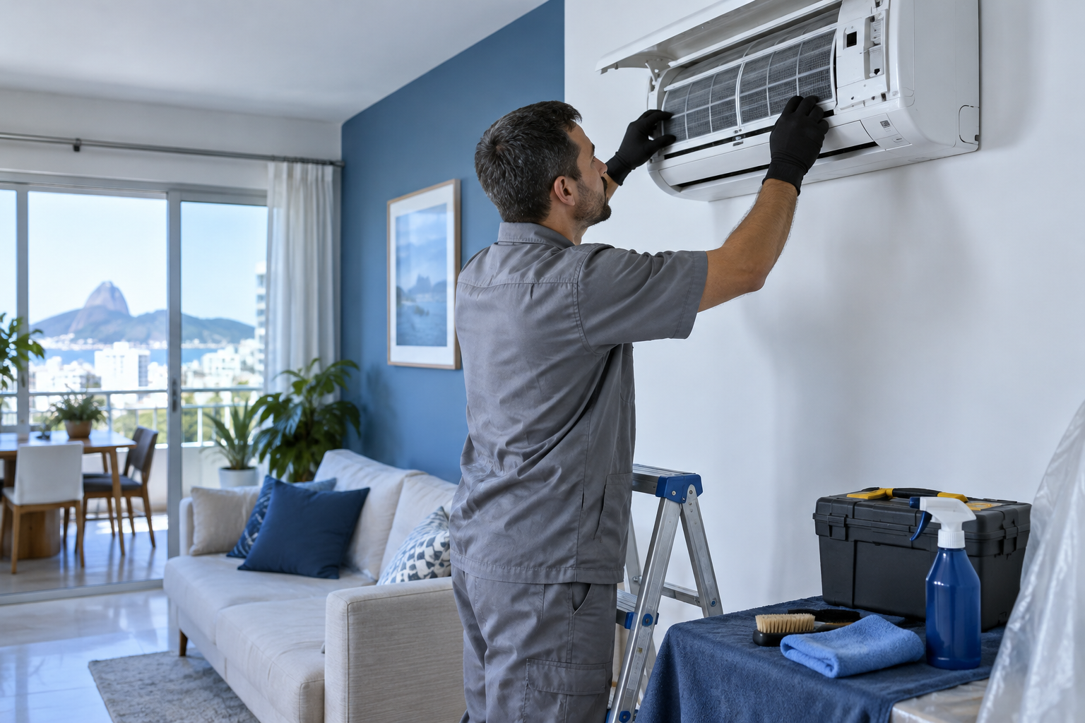 Técnico inspeciona ar-condicionado Split em uma residência antes da higienização.