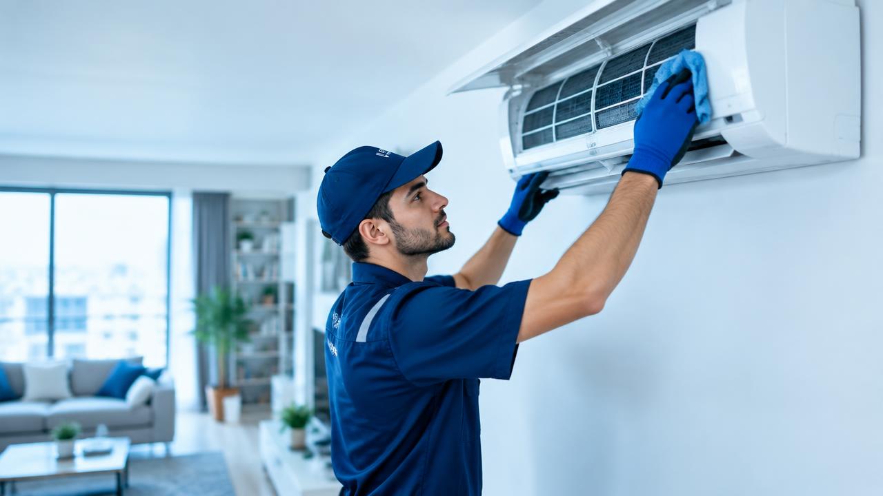 Técnico realizando a limpeza de um ar-condicionado split