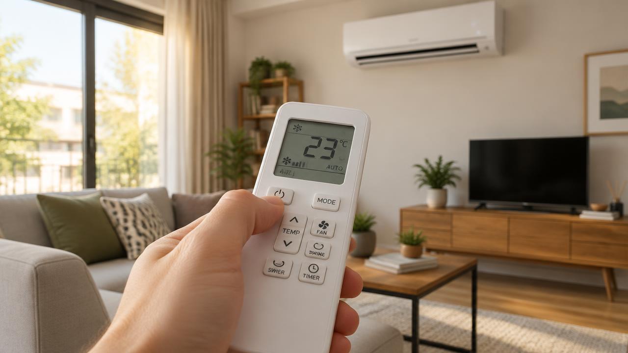 Controle remoto de ar-condicionado ajustando a temperatura