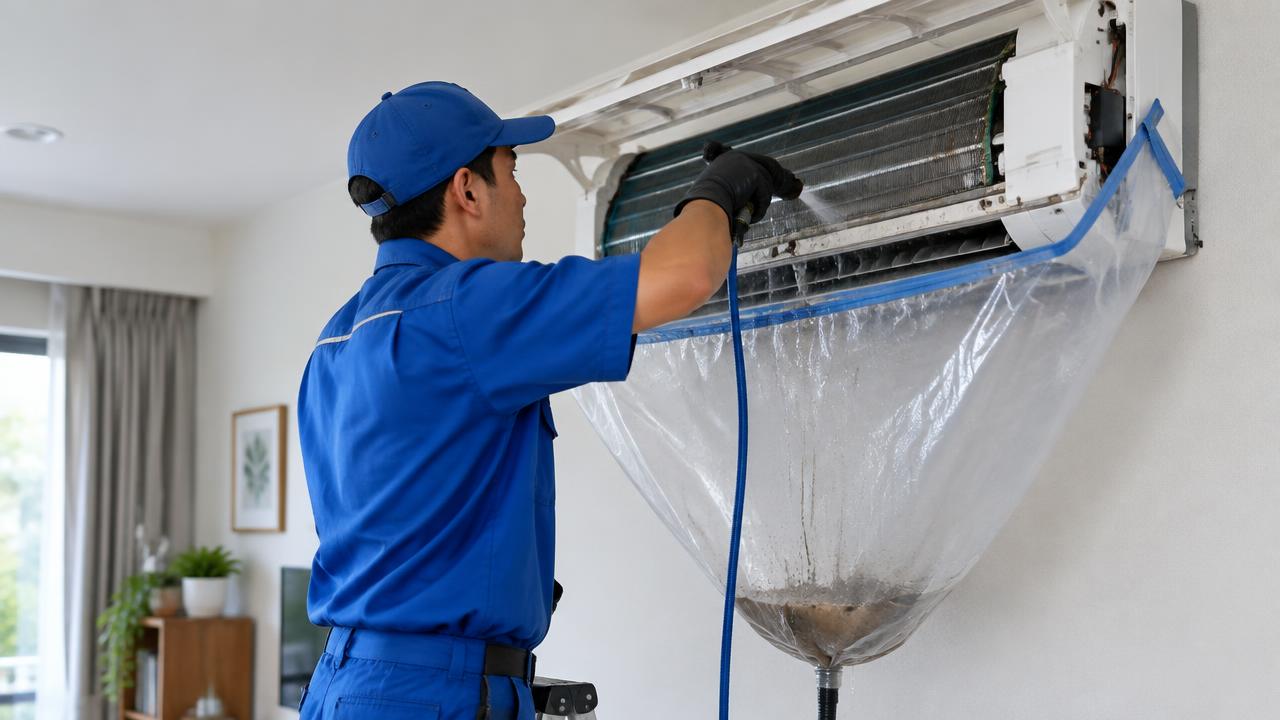 Técnico higienizando unidade interna de ar-condicionado